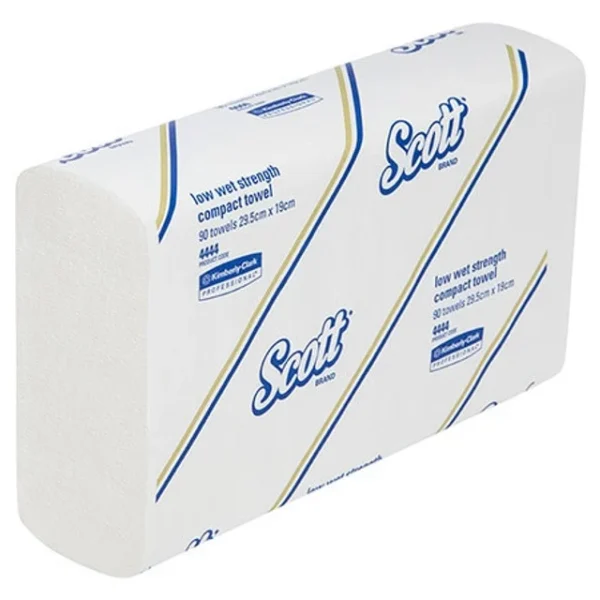 SCOTT 4444 Low Wet Strength Compact Hand Towel, White 29.5cm x 19cm, 90 Towels/Pack, 24 Packs/Case