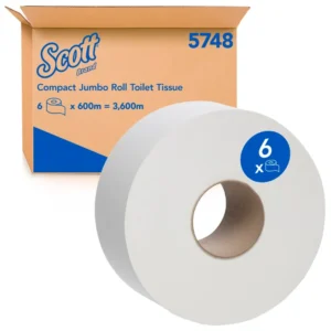 SCOTT 5748 Compact Jumbo Roll Toilet Tissue, White 1 Ply, 600 Metres/Roll, 6 Rolls/Case