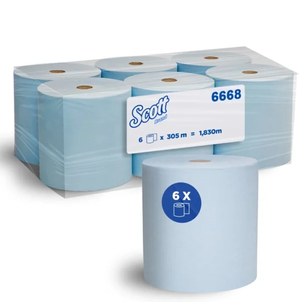 SCOTT 6668 Hard Roll Hand Towel, Blue 1 Ply, 305 Metres/Roll, 6 Rolls/Case