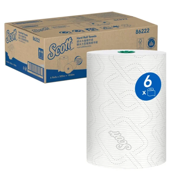 SCOTT 86222 Hard Roll Hand Towel, White 1 Ply, 305 Metres/Roll, 6 Rolls/Case. Propriety Branded System (PBS)