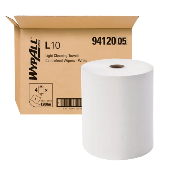 WYPALL 94120 L10 Heavy Duty Centrefeed Wiper, White 1 Ply 20cm x 38cm, 790 Wipers,300 Metres/Roll, 4 Rolls/Case