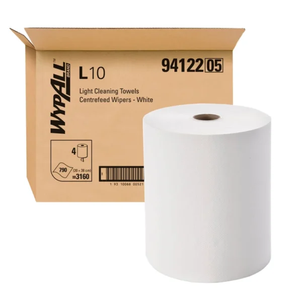 WYPALL 94122 L10 Heavy Duty Perforated Centrefeed Wiper, White 1 Ply 20cm x 38 cm, 790 Wipers, 300 Metres/Roll, 4 Rolls/Case