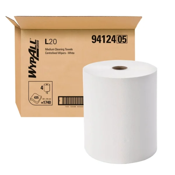 WYPALL 94124 L20 Heavy Duty Perforated Centrefeed Wiper, White 2 Ply 20cm x 38cm, 435 wipers, 165 Metres/Roll, 4 Rolls/Case