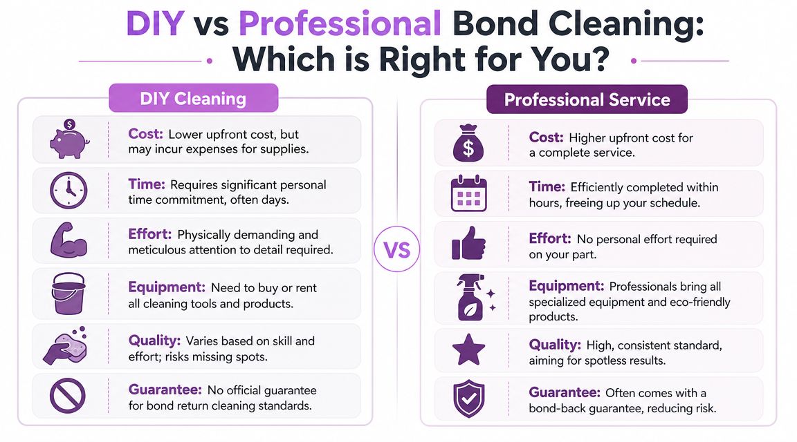 A comparison infographic between DIY cleaning and professional bond cleaning services highlighting pros and cons.