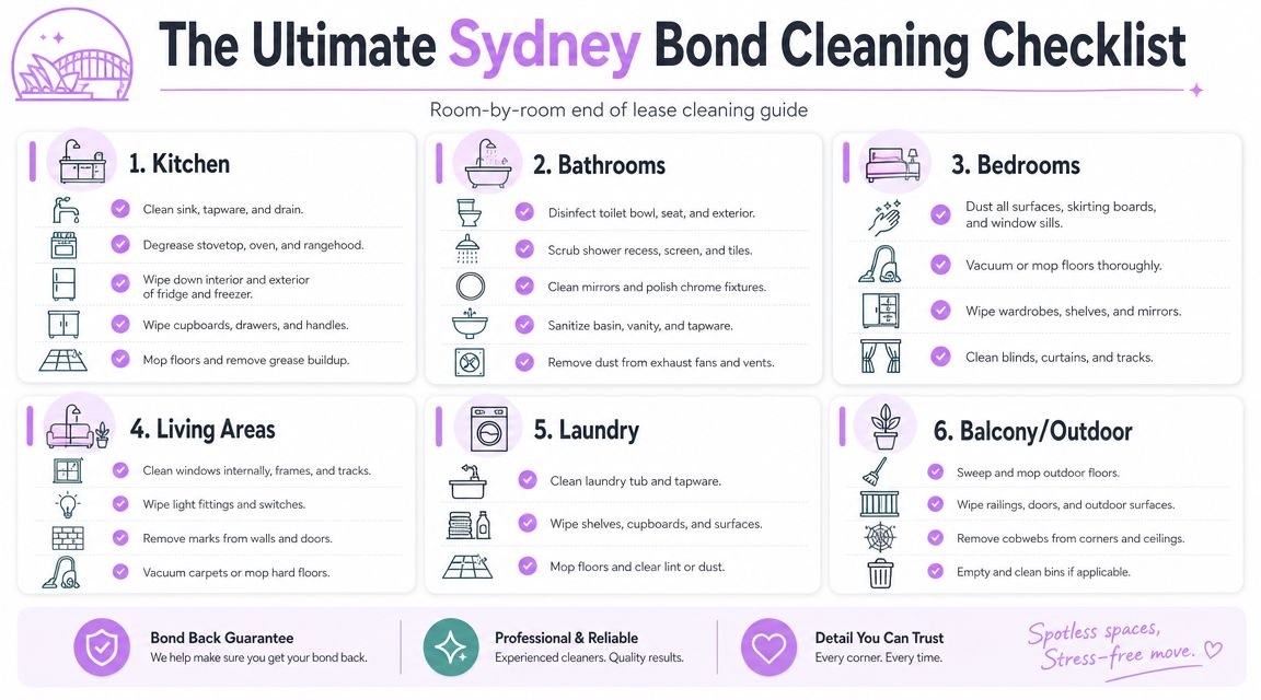 A comprehensive end of lease cleaning checklist for rooms in a Sydney home to secure bond back.