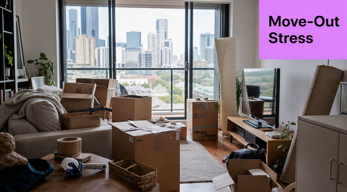 A living room filled with cardboard moving boxes and packing supplies, highlighting the stress of moving out.