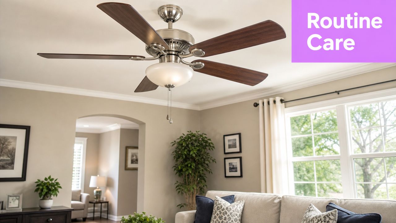 A modern ceiling fan with wooden blades and a central light fixture inside a bright living room.