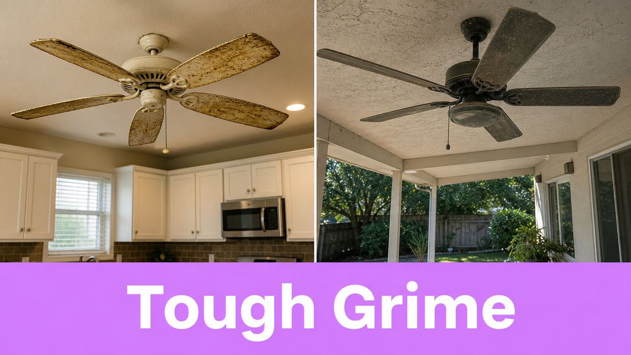 A side-by-side comparison of two dirty ceiling fans in different indoor and outdoor home settings.