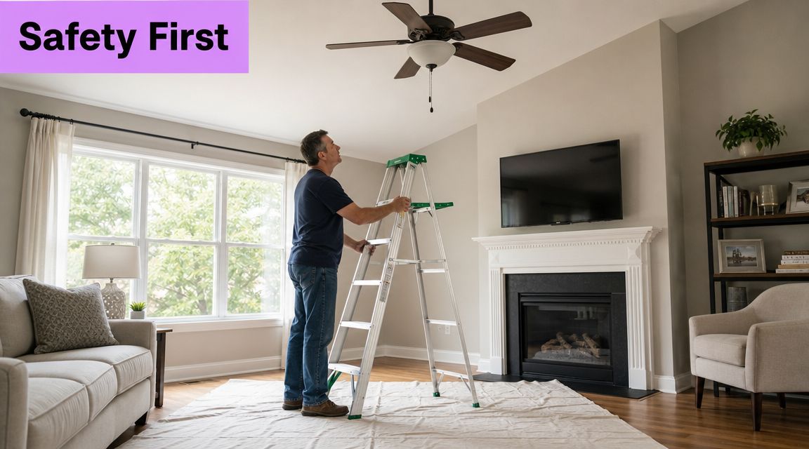 A man standing on a stepladder while inspecting a ceiling fan in a living room.
