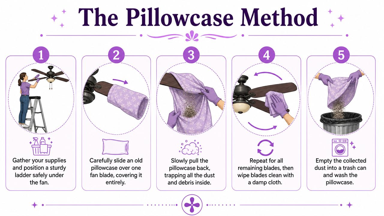 An infographic illustrating five easy steps for using a pillowcase to clean ceiling fan blades.