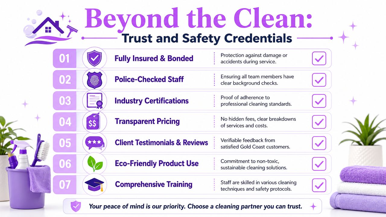 A professional infographic highlighting seven trust and safety credentials for a cleaning company in the Gold Coast.