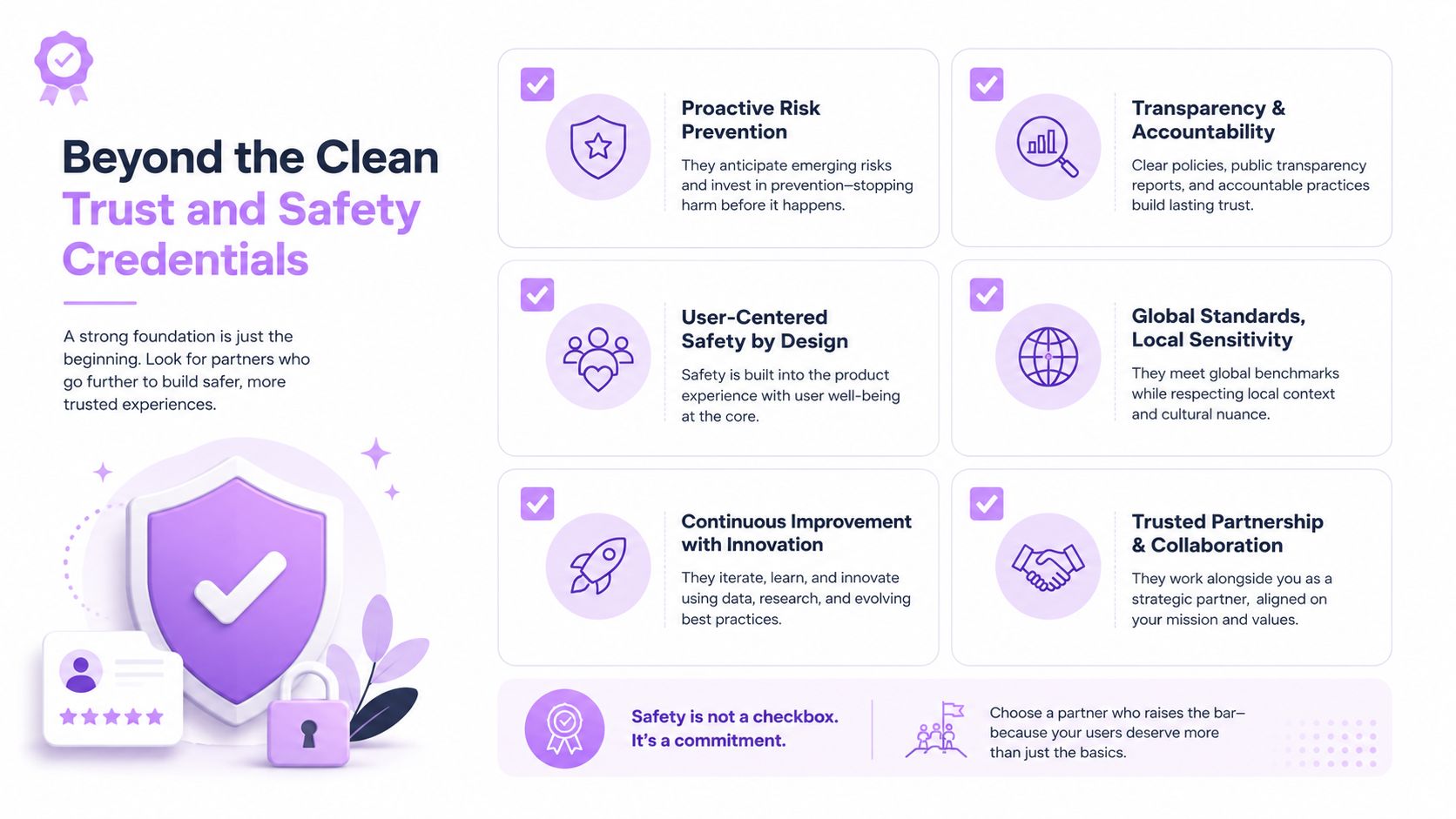 An infographic detailing essential pillars for building trust and safety in business partnerships and service providers.