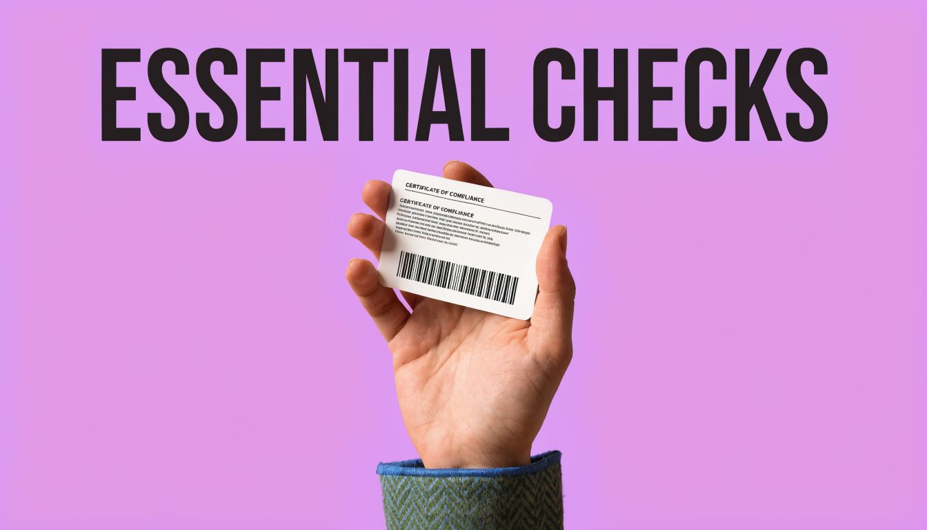 A hand holding a white Certificate of Compliance card against a solid light purple background.