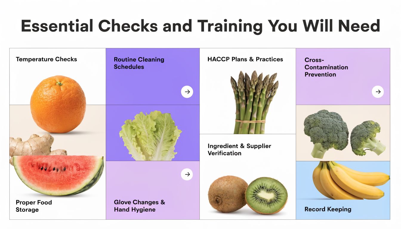 A visual guide titled Essential Checks and Training outlining key food safety protocols for restaurant staff.