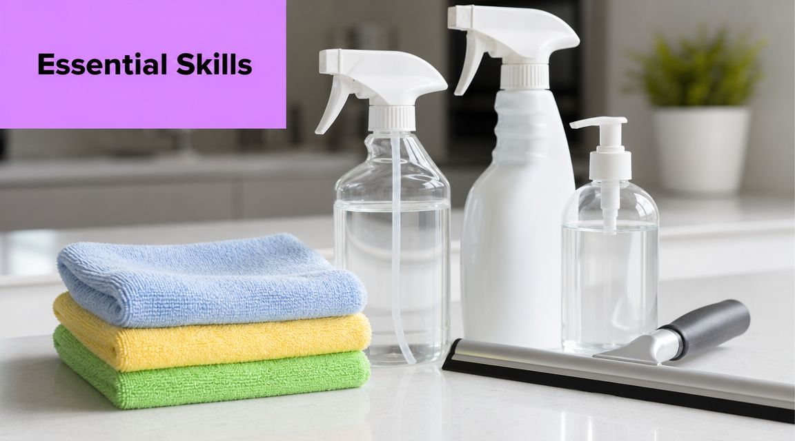Cleaning supplies including colorful microfiber cloths, spray bottles, and a squeegee on a countertop.