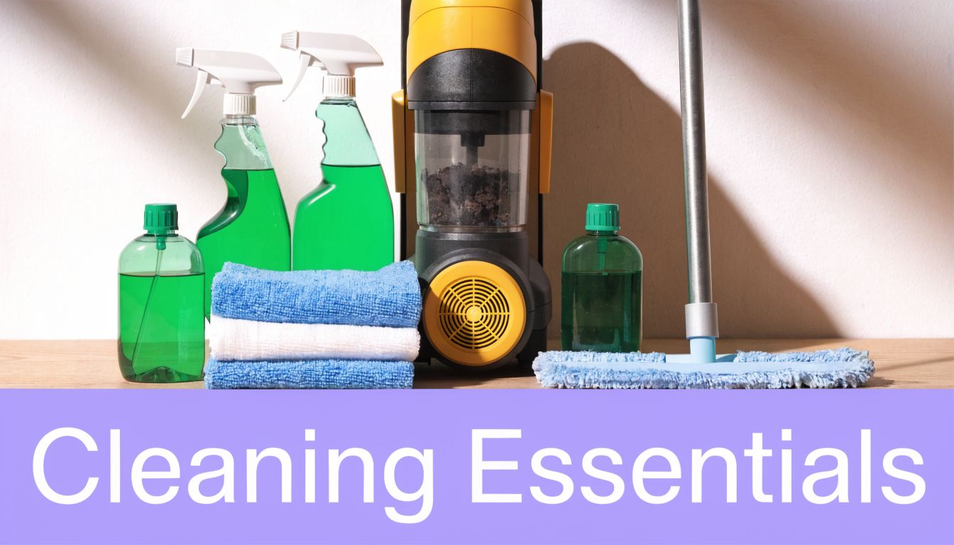 A collection of cleaning supplies including spray bottles, a vacuum cleaner, towels, and a mop arranged together.