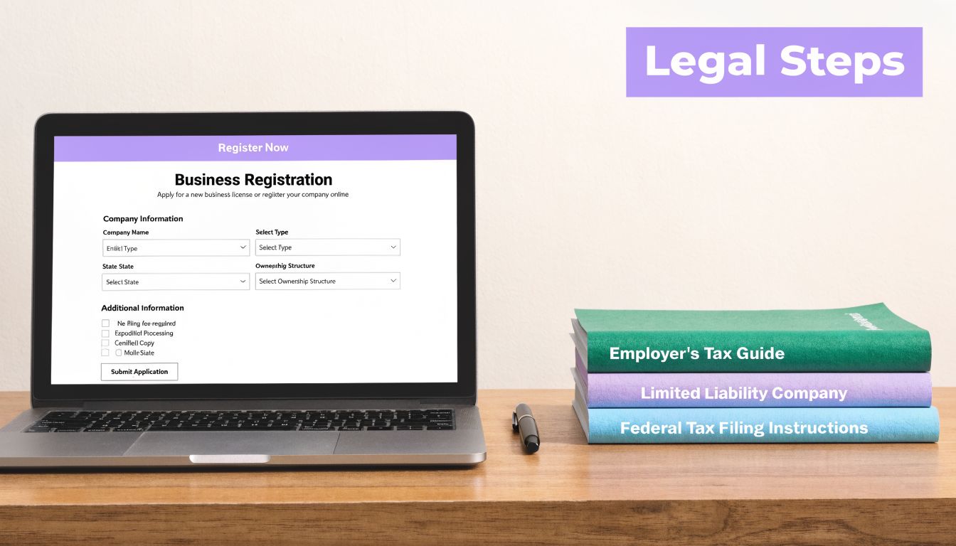A laptop showing an online business registration form next to a stack of professional business tax guide books.