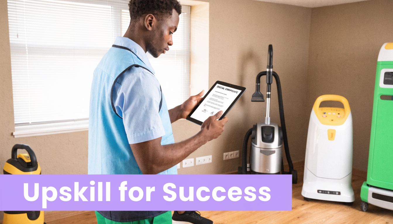 A professional cleaner holding a digital tablet with a certificate while standing among floor cleaning equipment.