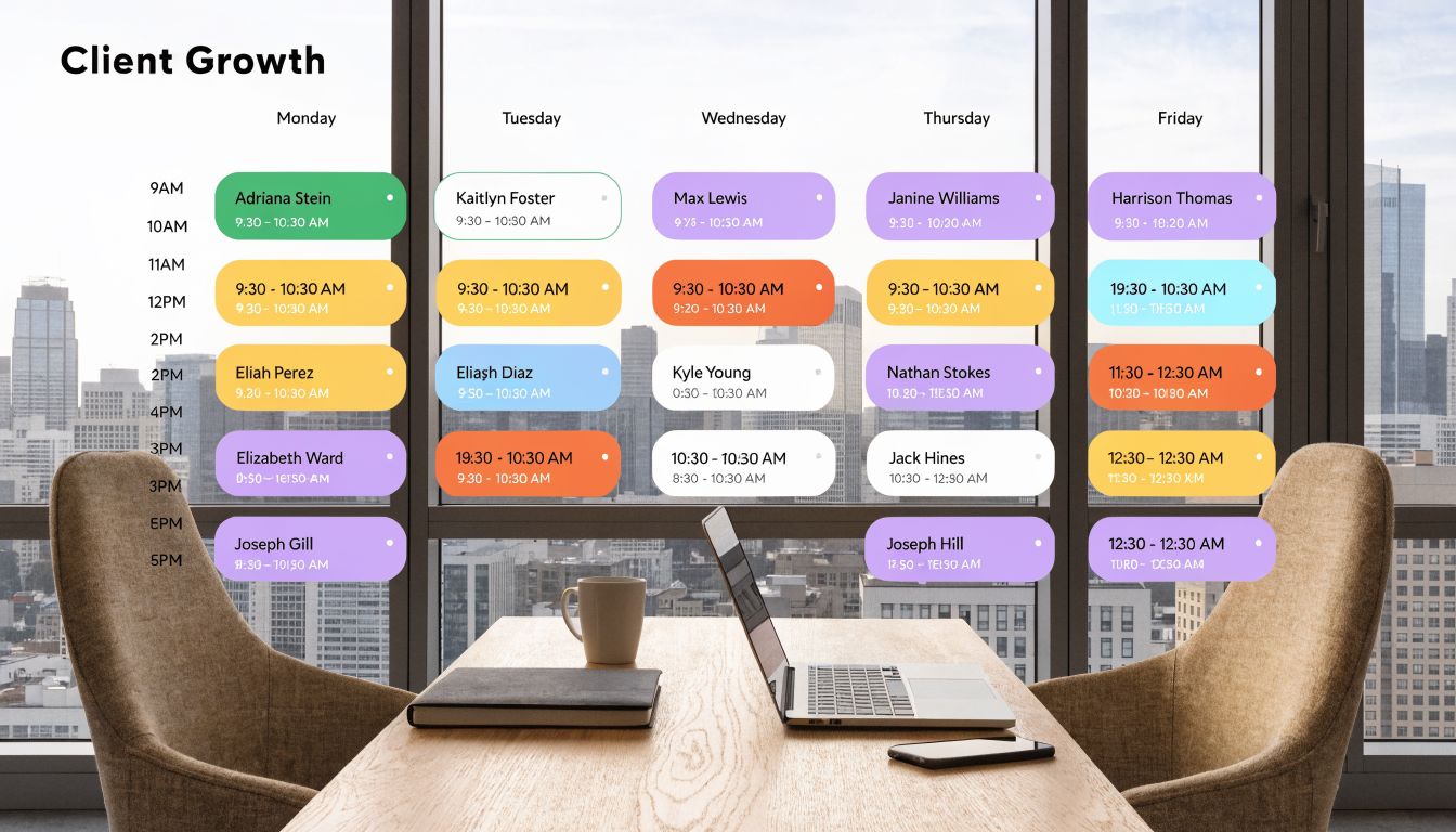 A weekly client growth schedule displayed over a modern office background with chairs and a laptop.