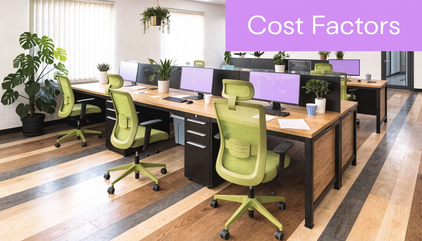 A modern open-plan office space featuring light green ergonomic chairs and wooden desks with computer monitors.