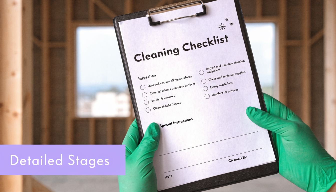 A person in green protective gloves holding a cleaning checklist clipboard at a construction site.