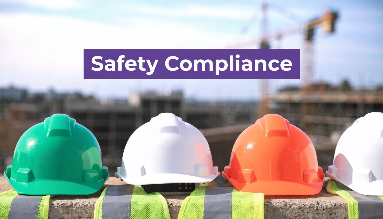A row of colorful hard hats and high visibility vests displayed on a wall at a construction site.