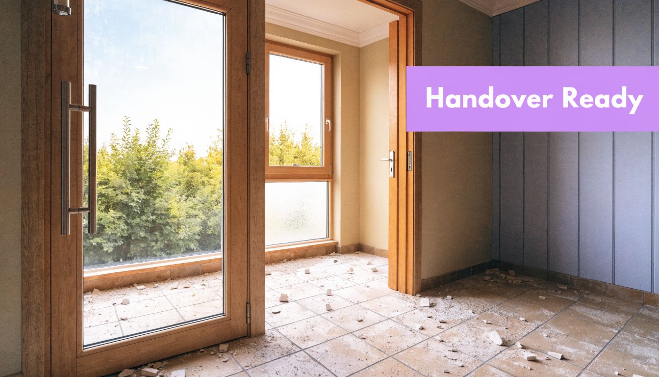 A construction site room with tiles covered in dust and debris, featuring a modern glass door.