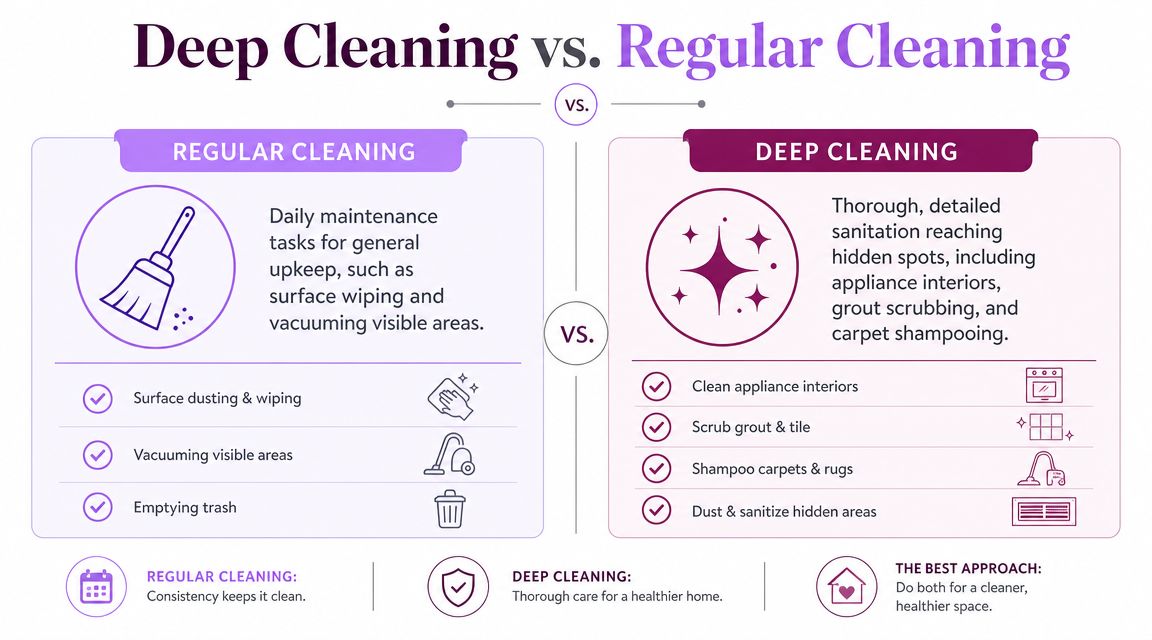 A comparison infographic detailing the differences between regular daily house cleaning and thorough deep cleaning services.