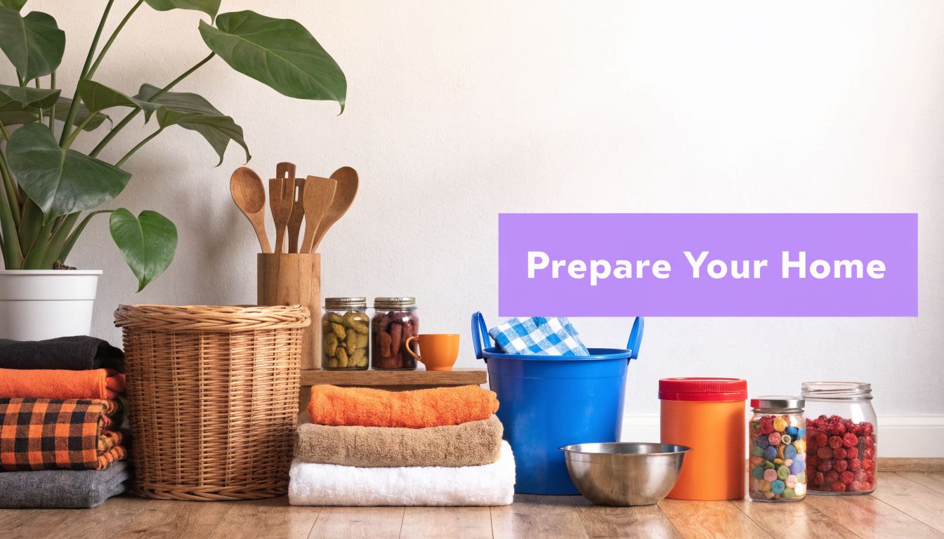 Household cleaning supplies including towels, a bucket, and jars organized on a wooden floor near plants.