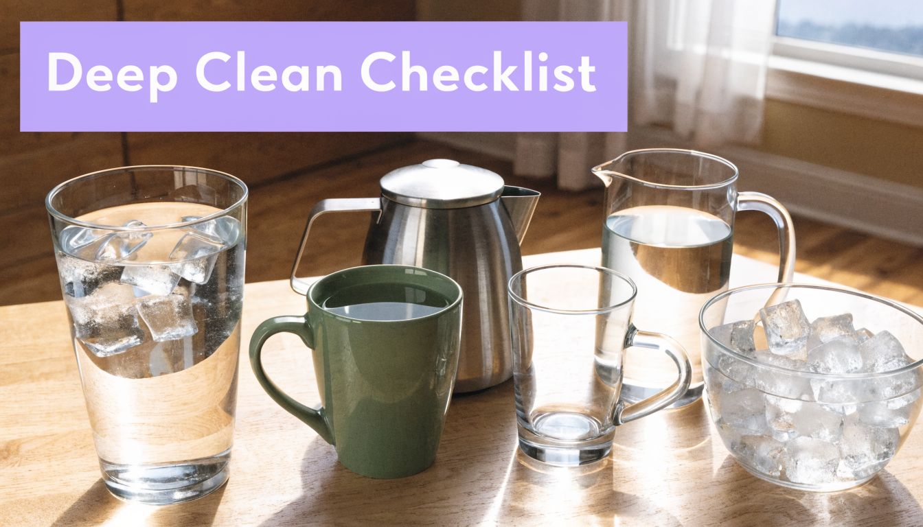 A wooden table featuring a collection of glassware and a metal teapot with a deep clean checklist banner.