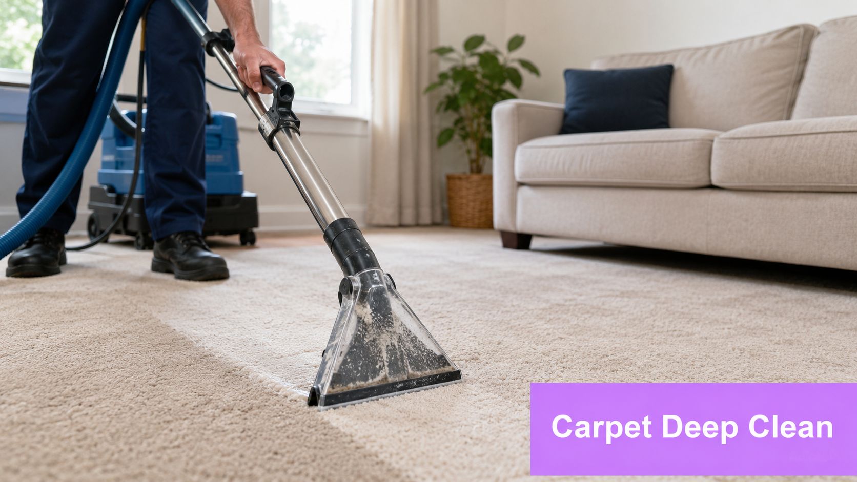A professional cleaner uses an extraction machine to perform a thorough carpet deep clean in a room.