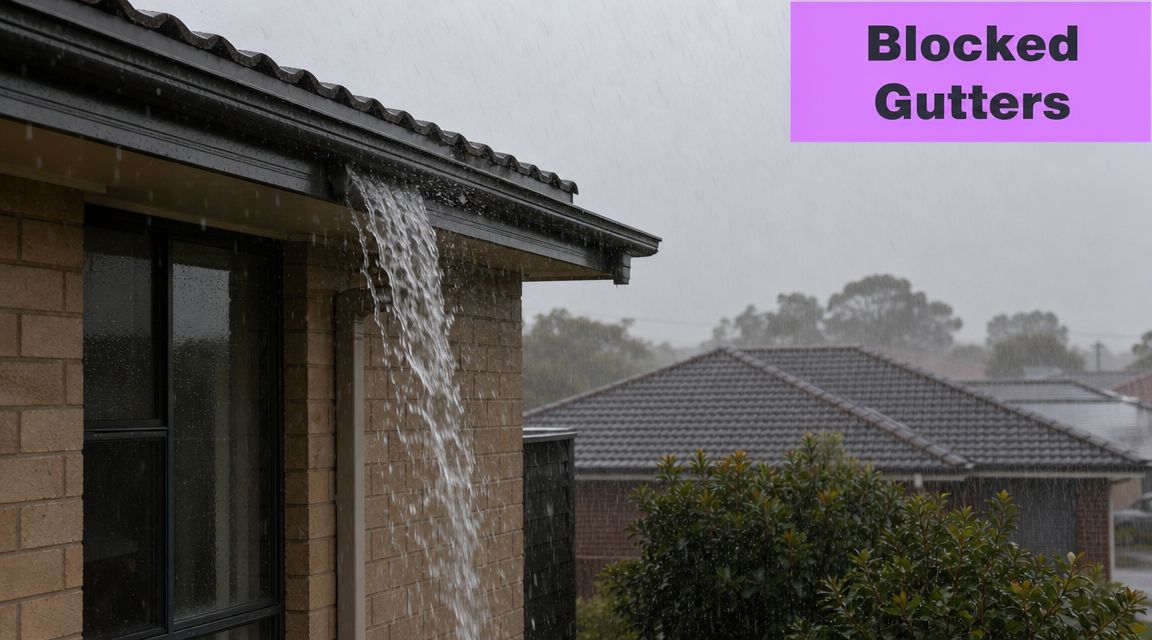 Rainwater overflowing from a blocked residential gutter during a heavy rainstorm on a cloudy day.