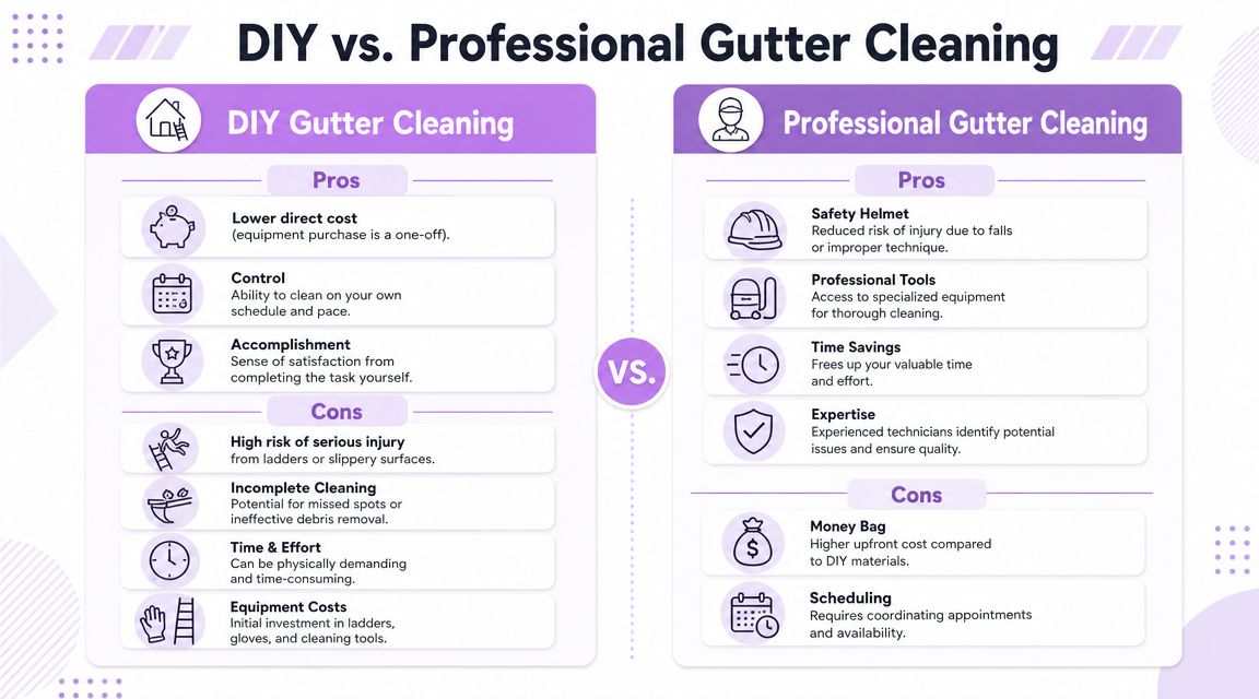 A comparison infographic detailing the advantages and disadvantages of DIY versus professional gutter cleaning services for homeowners.