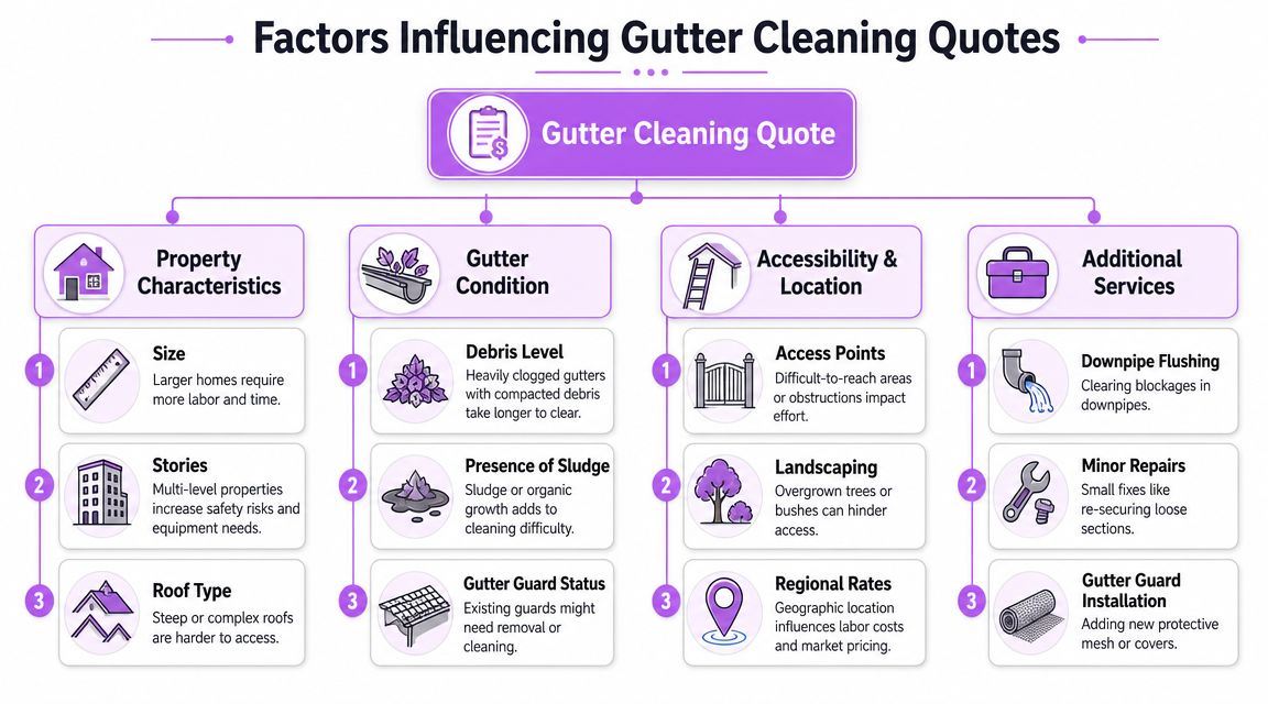 An infographic detailing the various factors that influence the cost of professional gutter cleaning services.