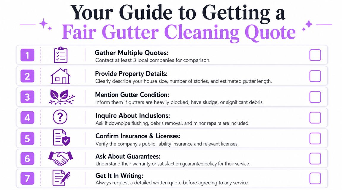 A numbered infographic guide on how to obtain a fair price quote for professional gutter cleaning services.