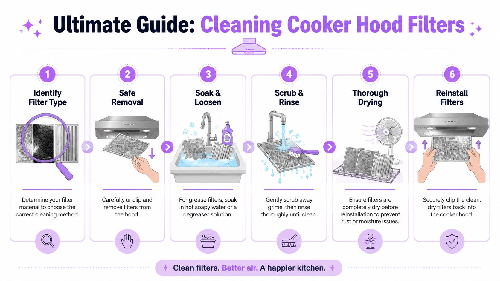 A six-step infographic guide explaining the professional process of cleaning and maintaining cooker hood filters safely.