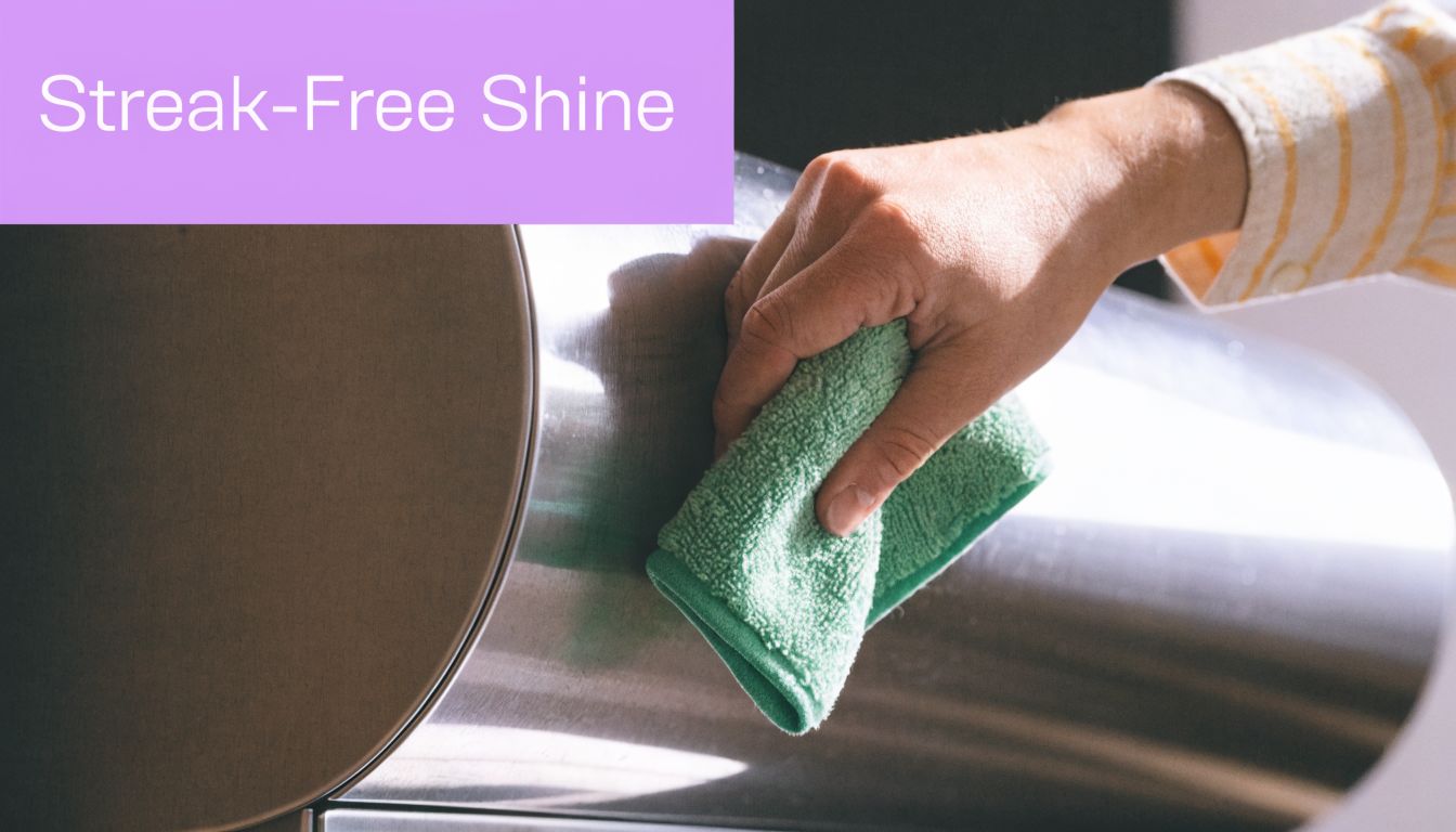 A hand using a soft green microfiber cloth to polish a stainless steel cooker hood surface.