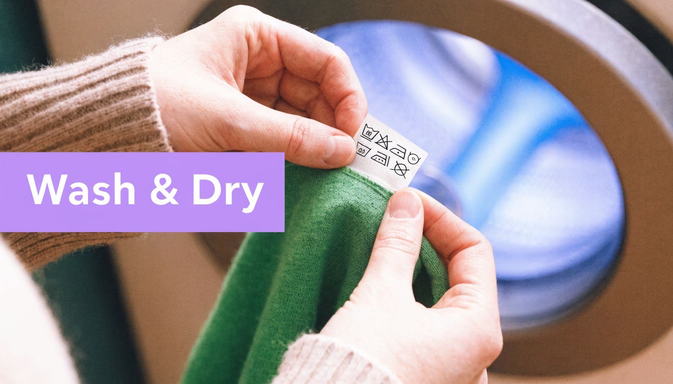 A person examining the care instructions label on a green sweater before doing laundry.