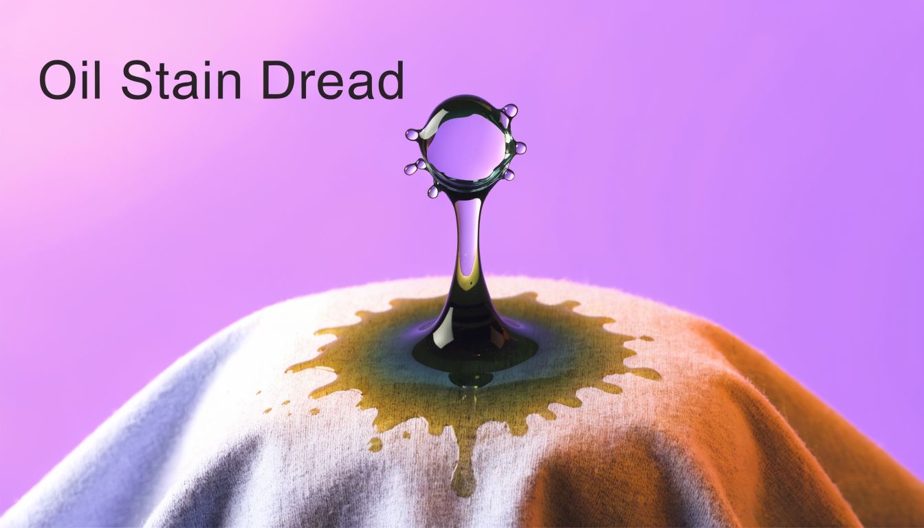 A close-up of a dark liquid droplet creating an oil stain on a white fabric surface.