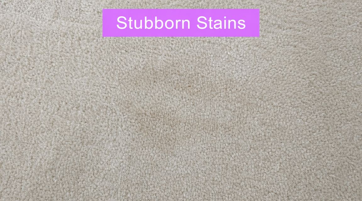 A close-up view of a stubborn, light brown stain on a textured, off-white carpet surface.