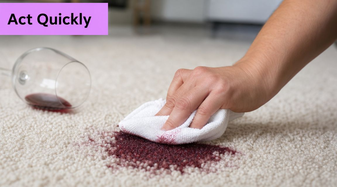 A hand using a white cloth to blot a red wine spill on a light beige carpet.