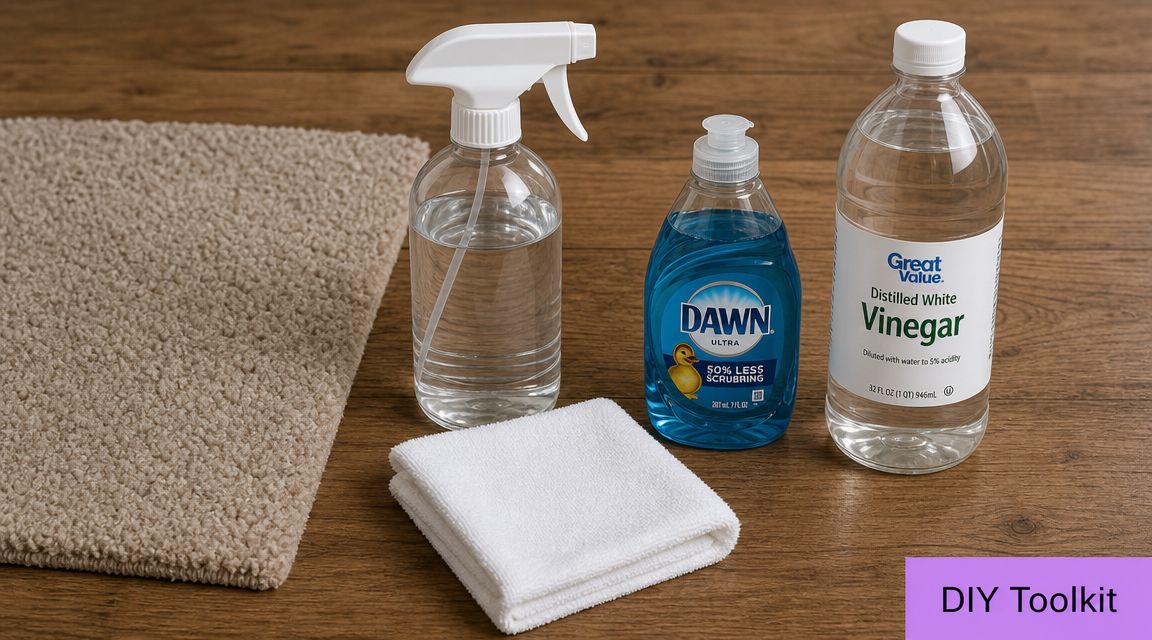 Cleaning supplies including a spray bottle, dish soap, vinegar, and a cloth on a wooden floor.