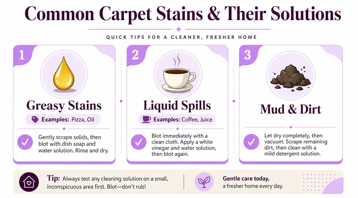 An infographic detailing effective cleaning methods for removing common grease, liquid, and mud carpet stains.