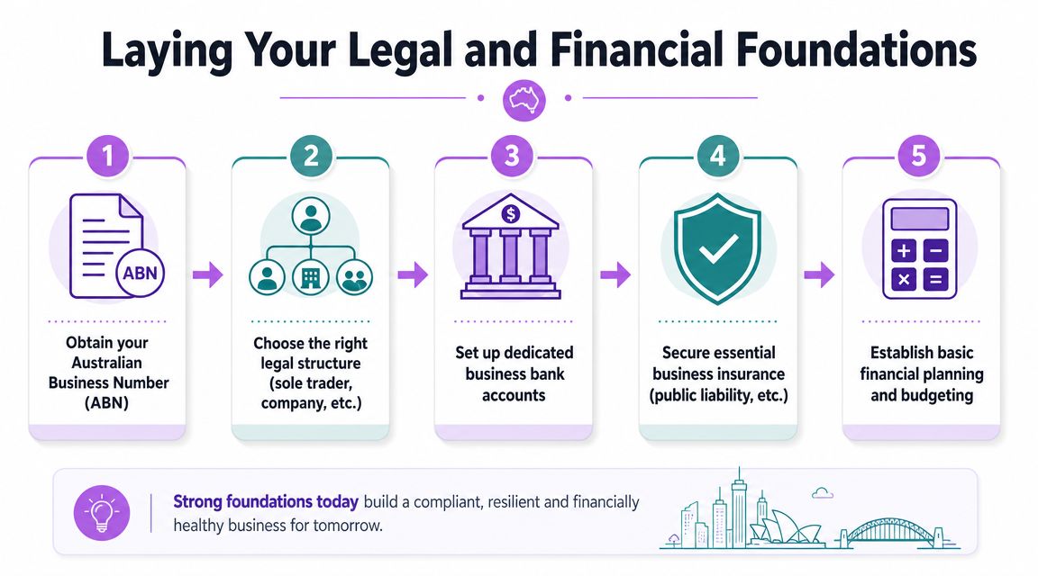 A five-step guide on laying legal and financial foundations for starting an Australian business.