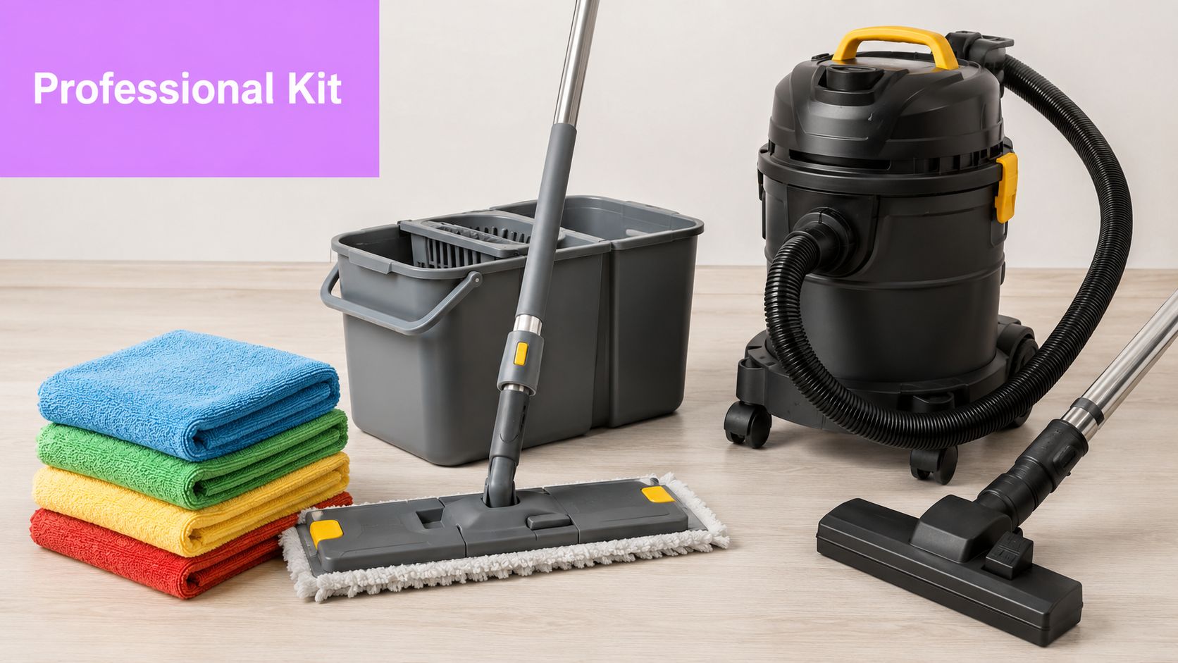 A professional cleaning kit featuring a mop, bucket, vacuum cleaner, and colorful microfiber cloths on a floor.