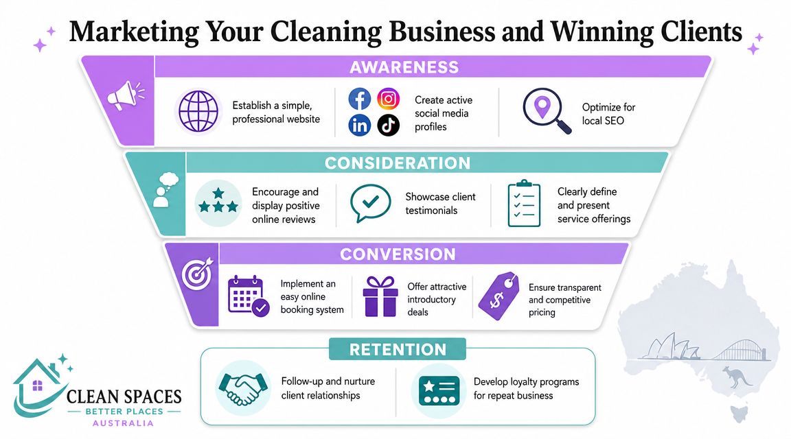 A marketing funnel infographic for a cleaning business titled Marketing Your Cleaning Business and Winning Clients.