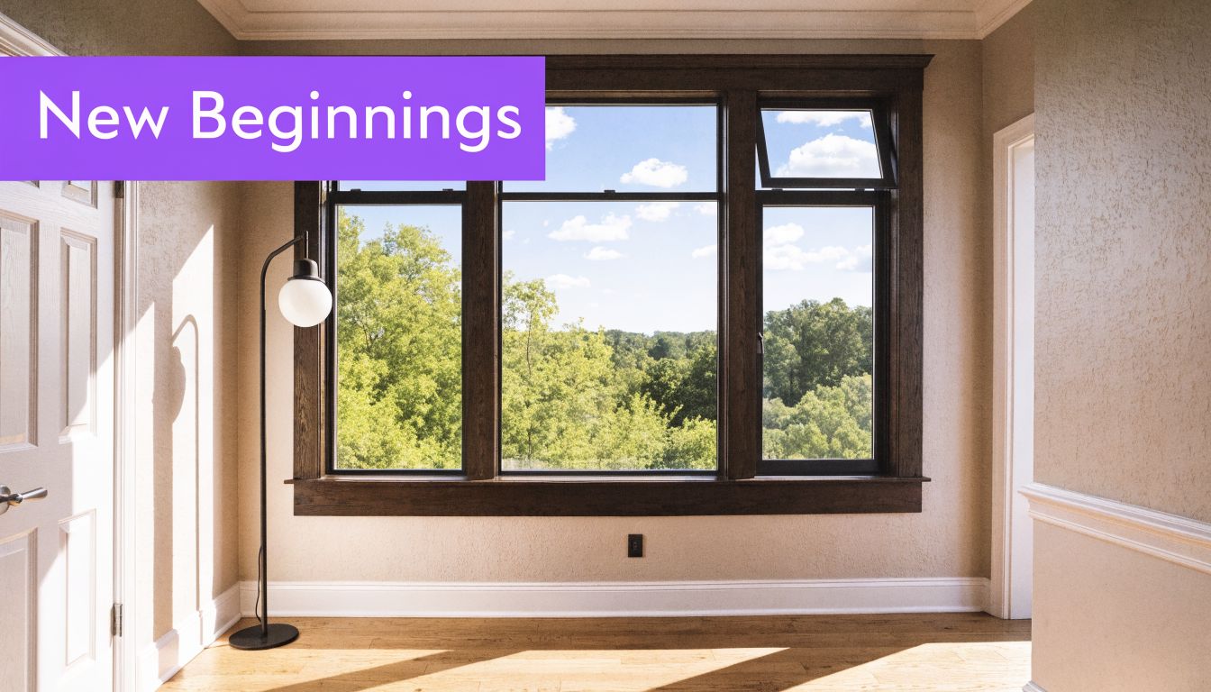 An empty room with wooden flooring, a standing lamp, and a large window overlooking green trees.
