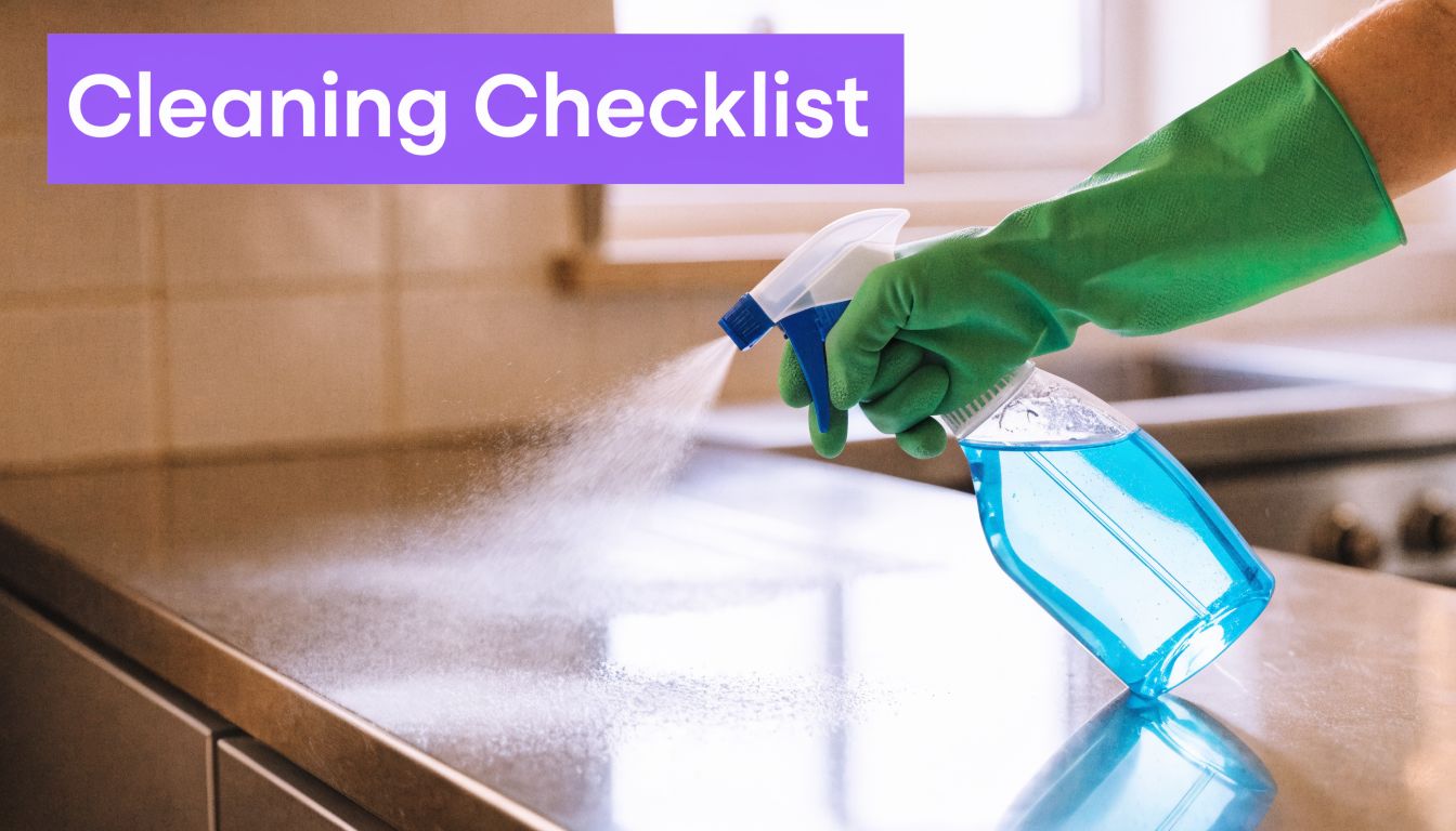 A hand in a green rubber glove spraying cleaning solution onto a kitchen countertop, labeled cleaning checklist.