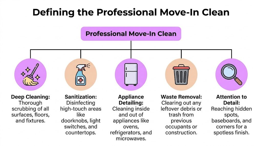 A diagram outlining five key components of a professional move-in cleaning service for new homes.