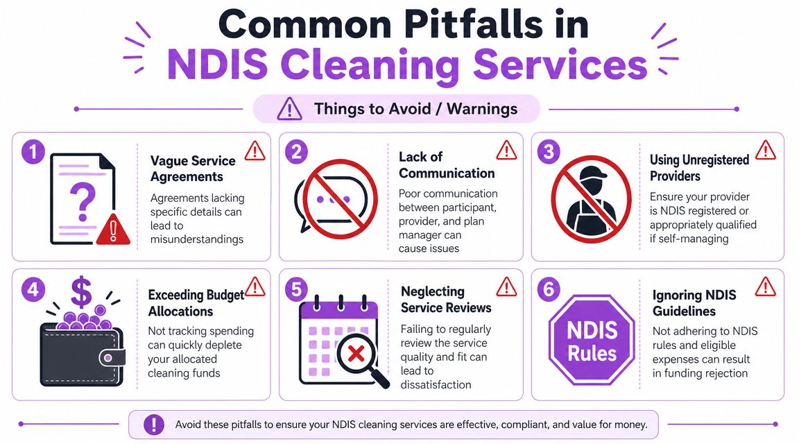 An infographic outlining six common pitfalls to avoid when using NDIS funded cleaning services for participants.